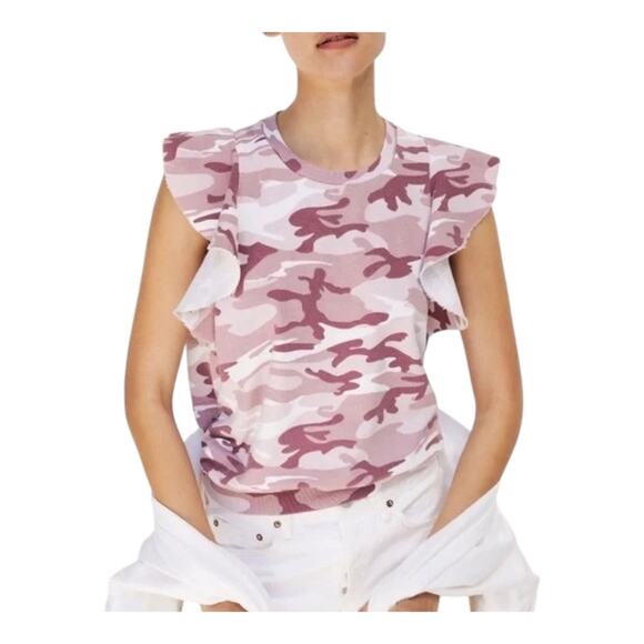 Anthropologie T. La Sleeveless Ruffle Sweatshirt Rose Camo Print XL NWT - Picture 1 of 15